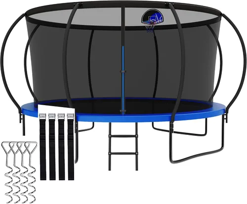 Miniatura 15 de Trámpolines de 1500 libras 8 10 12 14 15 16 pies para niños y adultos con red de protección, estacas para viento, aro de baloncesto, trámpolines