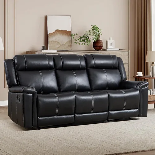 EBELLO Sofá reclinable de cuero sintético de 3 plazas, sofá reclinable manual, silla de 3 asientos de estilo moderno de mediados de siglo con Marrón
