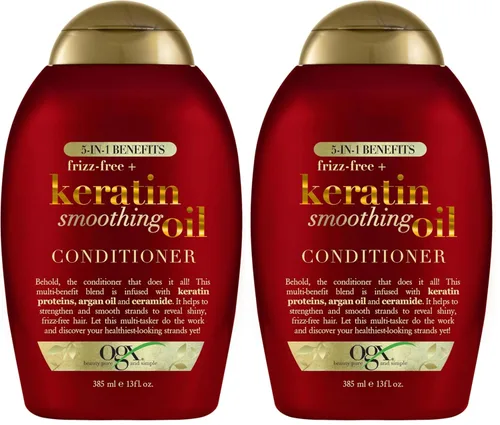 Miniatura 11 de OGX Acondicionador de aceite suavizante sin encrespamiento + queratina, 5 en 1, para cabello encrespado, cabello brillante, 13 onzas líquidas