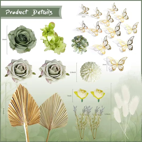 Miniatura 2 de Decoración de pastel bohemia con hojas de palma, flores verdes polvorientas y mariposas, decoraciones para pasteles para boda bohemia, baby shower
