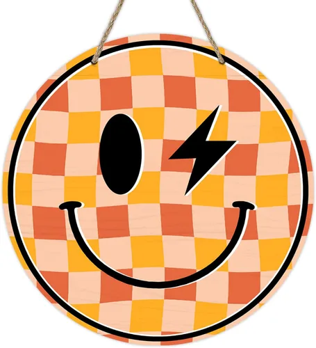 Deroro Letrero de puerta delantera con cara sonriente, lindo colgador de puerta de madera a cuadros de color naranja sonriente, decoración de porche