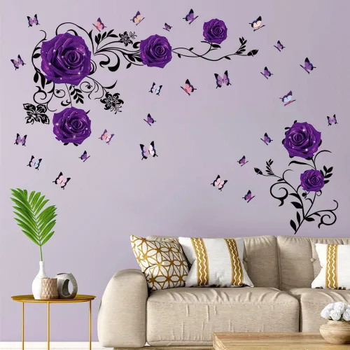 Miniatura 5 de Supzone Pegatinas de pared de rosas moradas, diseño de flores y vides, decoración de pared floral de peonía morada, arte mural de vinilo para Morado