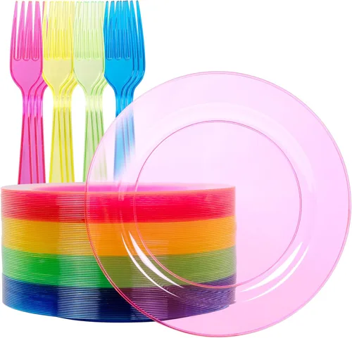 supernal 200 platos de neón que incluyen 100 platos de fiesta de neón, 100 tenedores de plástico, platos desechables de arcoíris colorido y