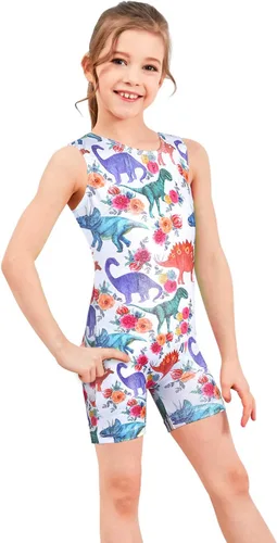 Miniatura 52 de HOZIY - Leotardos de gimnasia con pantalones cortos brillantes para niñas pequeñas; estampados de unicornio, aurora, arco iris, sirena, dinosaurio