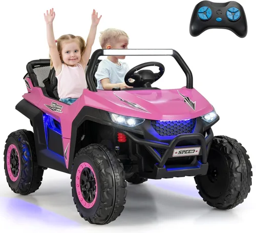 OLAKIDS Vehículo eléctrico de 2 plazas para niños, UTV de 12 V con control remoto, suspensión de resorte, arranque suave, música Bluetooth FM,