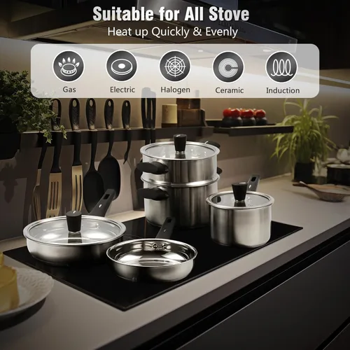 Miniatura 5 de Meythway - Juego de 14 piezas de utensilios de cocina de acero inoxidable para estufas de inducción – Ollas y sartenes no tóxicas con mangos