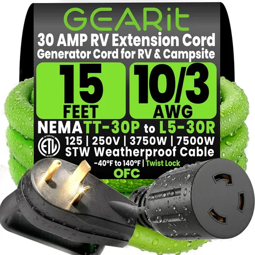 Miniatura 12 de GEARit Cable de extensión RV de 30 amperios de 25 pies, NEMA TT-30P a L5-30R cable generador de 30 amperios, 10/3 STW 10 AWG, bloqueo giratorio de 3