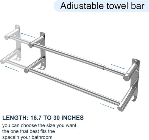 Miniatura 2 de Toallero de doble barra, acero inoxidable ajustable de 16 a 28 pulgadas, toallero doble para baño, aplicable a baños y cocinas