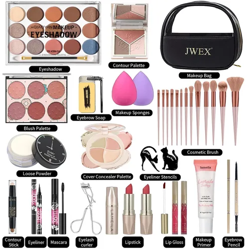 Miniatura 2 de Kit completo de maquillaje de 34 piezas todo en uno para mujeres, incluye paleta de sombras de ojos, barra de contorno, jabón para cejas, juego
