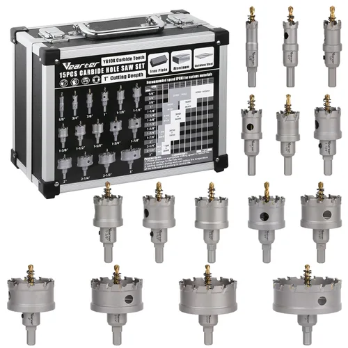 Kit de sierra perforadora de carburo de 15 piezas, cortador de agujeros de metal de 5/8 a 3 pulgadas con taladro piloto, sierra perforadora para