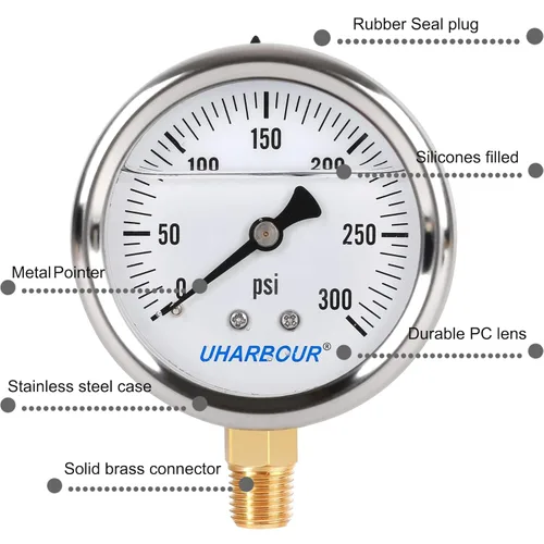 Miniatura 4 de Medidor de presión de relleno de glicerina con caja de acero inoxidable 304, esfera de 2.5 pulgadas, 0-300 Psi, alta precisión, montaje inferior