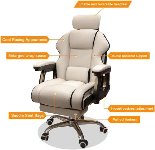 Miniatura 7 de Silla de oficina grande y alta de 450 libras de ancho, silla de oficina ejecutiva de cuero con respaldo alto con reposapiés, silla de oficina Blanco