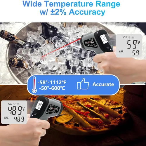 Miniatura 5 de hito Pistola de temperatura láser infrarroja de -58 °F a 1112 °F, pistola de temperatura para horno de pizza, cocina, refrigerador, piscina