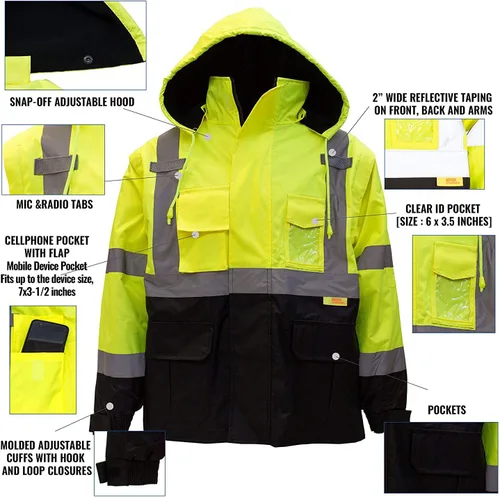 Miniatura 3 de NY Hi-Viz Workwear J8511/J8512 Ansi Class 3 - Chaqueta de seguridad de alta visibilidad con cremallera, bolsillo de PVC, parte inferior negra Lima