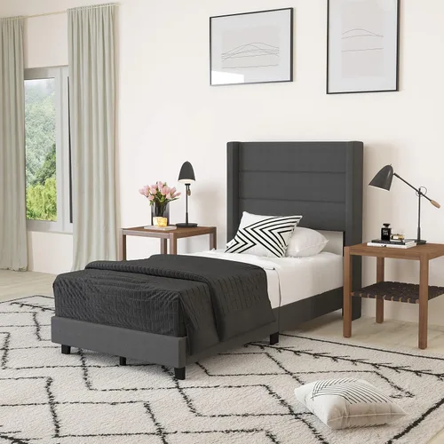 Miniatura 19 de Merrick Lane Percy - Cama de plataforma moderna, lino sintético beige, tamaño Queen, cabecero acolchado con respaldo con alas cosidas de canal