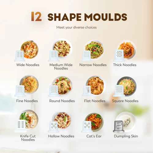 Miniatura 5 de CGOLDENWALL Máquina Automática de Pasta Eléctrica, Control Digital con 12 Discos de Forma para Hacer Fideos Caseros, Espaguetis, Fettucini y Penne