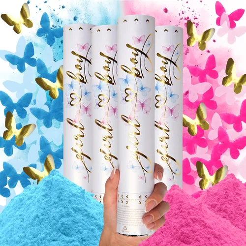 Miniatura 14 de PrimePure Cañón de confeti para revelación de género, polvo biodegradable y confeti en forma de corazón, 2 rosas y 2 azules, paquete de 4