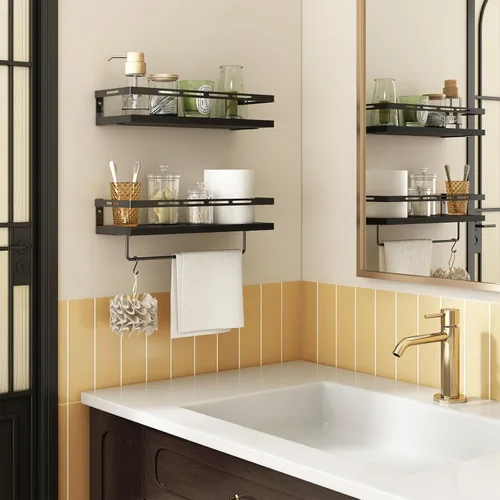 Miniatura 5 de YGEOMER - Estantes flotantes para organizador de baño sobre inodoro, estantes de baño montados en la pared con toallero, estante de pared