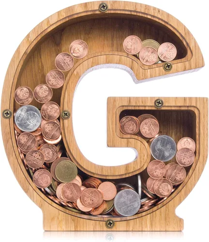 Miniatura 28 de Alcancía de madera personalizada con letra para niños, niñas y adultos, bancos de monedas de madera de roble duradero, 3 tamaños para elegir