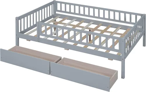 Miniatura 5 de Bellemave Armazón de cama tamaño completo con barandillas de valla y cajones de almacenamiento, camas infantiles de madera estilo Montessori con Gris