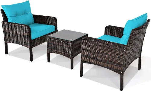 Miniatura 9 de Tangkula Sillas de mimbre de 3 piezas con mesa auxiliar superior de cristal, cojines gruesos, para todo tipo de clima, jardín, césped, piscina