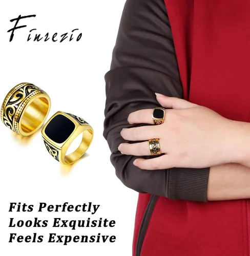 Miniatura 6 de FINREZIO Juego de 2 anillos chapados en oro de 18 quilates para hombre, de acero inoxidable, vintage, con sello y anillo de banda, tamaño 7-13, Metal