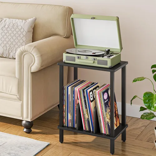Miniatura 2 de HOOBRO BK05RS01 - Mesa auxiliar pequeña, soporte para tocadiscos de 2 niveles, soporte giratorio de vinilo con almacenamiento de hasta 100 álbumes