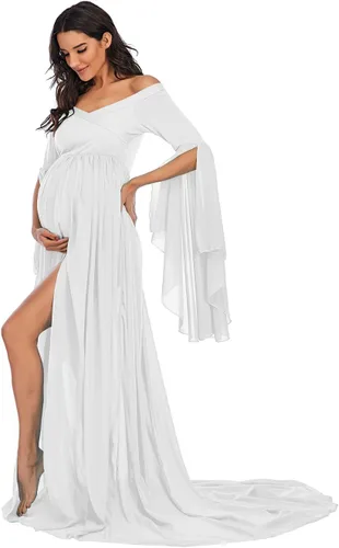Miniatura 2 de ZIUMUDY Vestido largo de gasa con hombros descubiertos para sesión de fotos, mangas acampanadas, vestido dividido para fotografía, baby shower