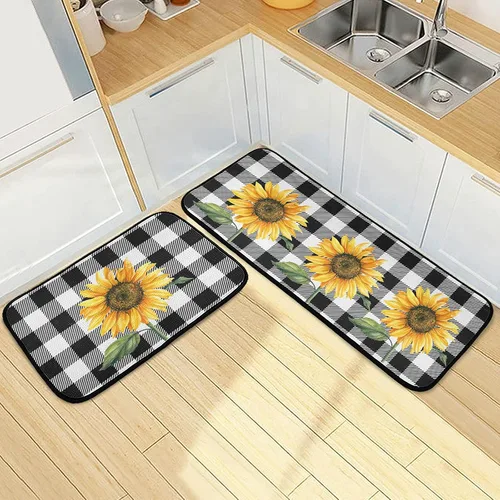 Alfombras de cocina con girasoles para cocina, 2 piezas de búfalo a cuadros, girasol, antifatiga, alfombra antideslizante para piso, alfombra de