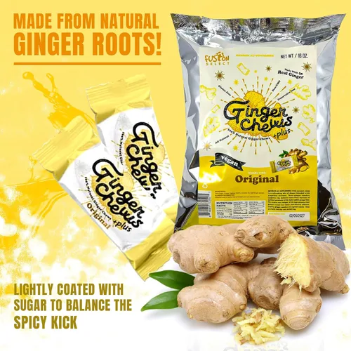 Miniatura 5 de Fusion Select Ginger Chews - Delicias dulces y confitadas suaves de Indonesia - Promueven el alivio de las náuseas matutinas, malestar estomacal