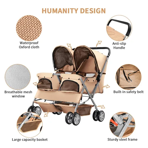 Miniatura 2 de Cochecito doble para mascotas, cochecito plegable para 2 perros y gatos, porta mascotas de dos plazas, para paseos y viajes, con almacenamiento