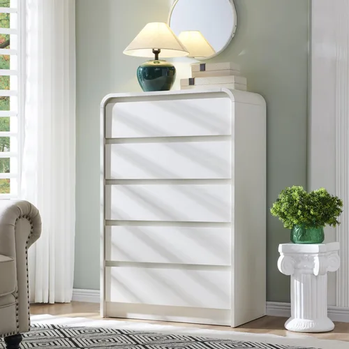 Miniatura 22 de Aitjunz Cómoda moderna de 5 cajones para dormitorio, 114 cm de altura con diseño de perfil curvo, cómoda vertical de madera estilo mediados de siglo
