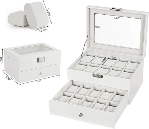 Miniatura 8 de BEWISHOME Organizador de caja de reloj 20 hombres y mujeres caja de reloj Soporte de almacenamiento Bisagra de metal blanco PU cuero superior