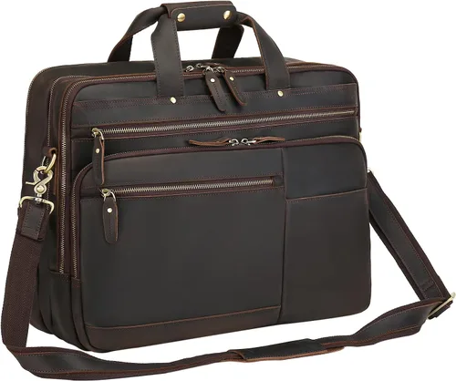Bolso de mensajero de cuero para hombre, maletín para portátil de cuero de grano completo vintage de 17.3 pulgadas