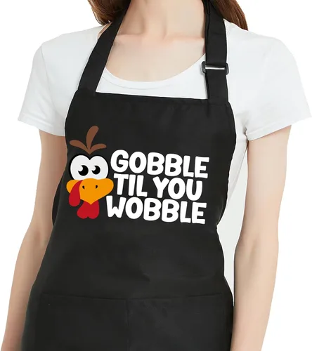 Delantales de Acción de Gracias para mujeres y hombres con bolsillos, delantal de pavo Gobble Til You Wobble, regalos de parrilla de cocina para