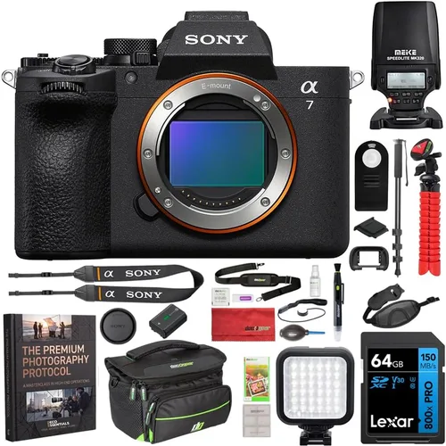 Sony ILCE-7M5/B a7 V - Cuerpo de cámara sin espejo de marco completo con luz flash MK320, monopie de 72 pulgadas, correa de agarre de muñeca,