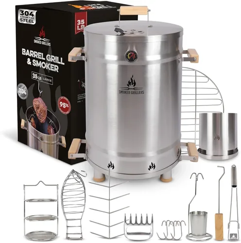 Miniatura 11 de Combo de parrilla para ahumador de barril, barril 100% de acero inoxidable 304, 95% menos de humo, calor uniforme, fácil de usar y limpiar, ahumador
