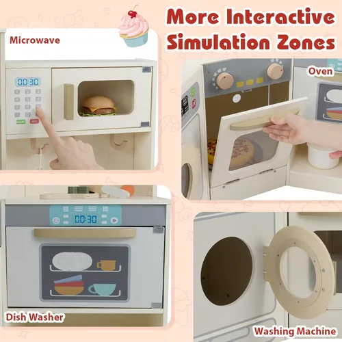 Miniatura 5 de Costzon Cocina de Juego de Esquina, Cocina Grande de Juego de Simulación con Luz y Sonido Reales, Cubo de Basura Extraíble, Estufas, Microondas