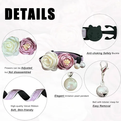 Miniatura 2 de Collares de gato Fupo morados para niñas, collar de gatito separable con campana y flores 2-Púrpura