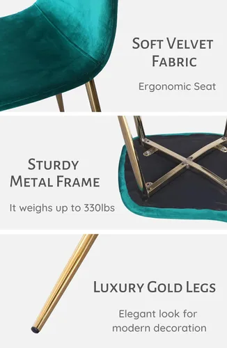 Miniatura 3 de Juego de 4 sillas de comedor de terciopelo, modernas sillas de cocina verde esmeralda con patas cromadas doradas, cómodas y elegantes sillas
