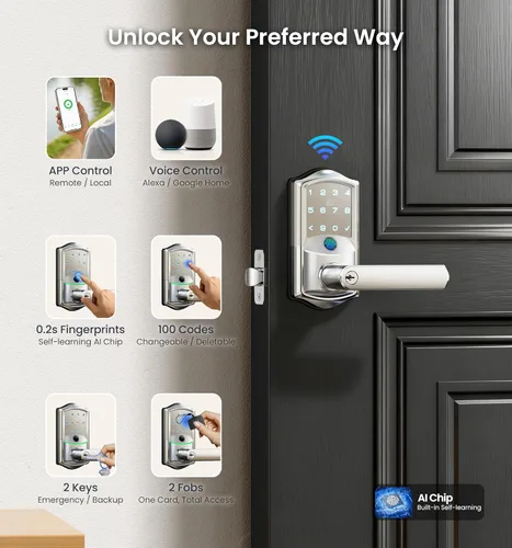 Miniatura 2 de Veise VE029 - Cerradura de palanca inteligente WiFi, cerradura de puerta de entrada sin llave de huellas dactilares con asa, WiFi integrado, control
