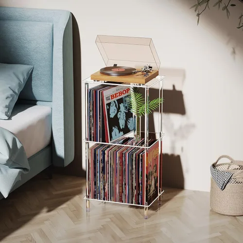 Miniatura 6 de Soporte acrílico para tocadiscos, mesa giratoria transparente de 3 niveles con almacenamiento de discos de vinilo, 15.75 pulgadas de largo x 11.81