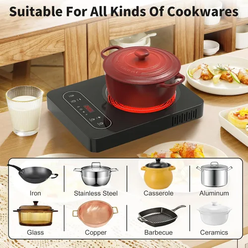 Miniatura 6 de VBGK - Cocina eléctrica de un solo quemador, estufa eléctrica de 110 V y 1800 W con control táctil LED, 10 niveles de potencia, temporizador de 4 h