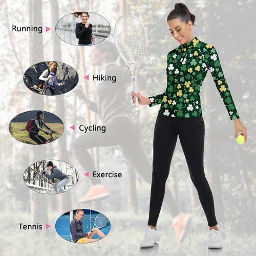 Miniatura 199 de WOWENY Camiseta deportiva de manga larga para mujer, con cremallera de un cuarto, cuello para entrenamiento, camiseta de tenis con estampado