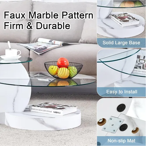 Miniatura 6 de Mesa de café de 35.4" de vidrio, mesa de café redonda, mesa con superficie de vidrio templado de 2 niveles con base de mármol falso blanco, mesa