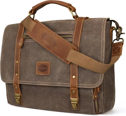 Manificent Bolsa tipo mensajero para laptop de 15.6 pulgadas, impermeable, de piel auténtica, vintage, para hombre, 16 bolsillos de almacenamiento,