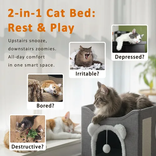 Miniatura 5 de Casas para gatos de interior, cueva de cama grande para gatos, caja de cubo para gatitos, condominio para gatos con almohadilla rascadora, bola