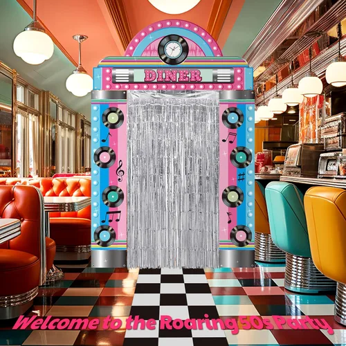 Miniatura 5 de VitalCozy 7 piezas Decoraciones de fiesta de los 50s Banderas de fiesta retro de la década de 1950 para restaurante estilo diner, alfombra a cuadros