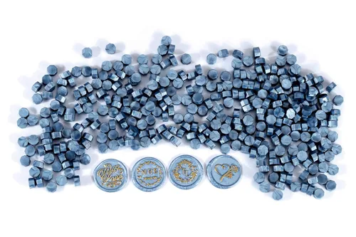 Miniatura 5 de Yoption Juego de 360 cuentas de cera de sellado azul para sello de cera con velas y cuchara de fusión Azul Metálico