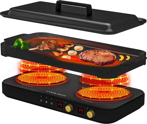 COOKTRON Placa de inducción portátil de 2 quemadores con parrilla de hierro fundido removible antiadherente, placa de inducción doble de 1800W con